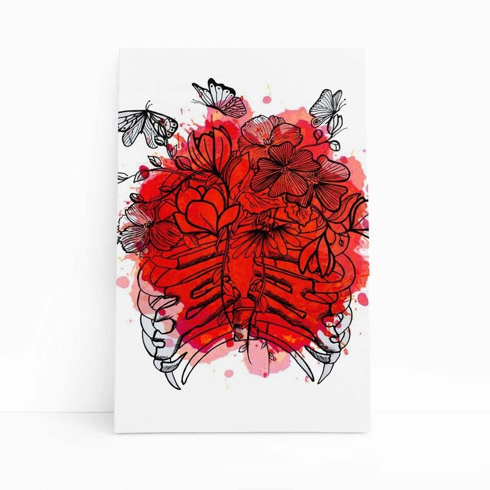 Flores Esqueleto Aquarela Vermelho Quadro Canvas 60X40Cm