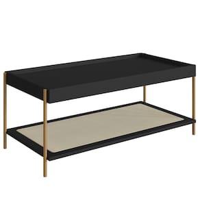 Mesa de Centro Retangular Oslo Artesano 93 cm (larg) MDP Nero Palha Sintética Bege Pé Metal Dourado