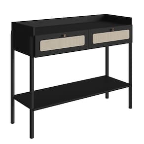 Aparador 2 Gavetas Oslo Artesano 103 cm (largura) MDP Nero Palha Sintética Bege Pé Madeira Maciça