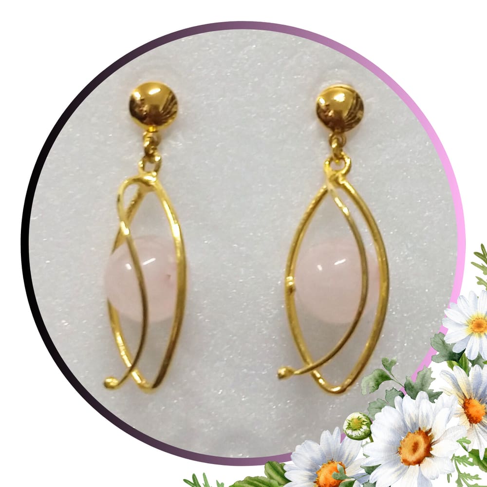 Brinco de Pedra Quartzo Rosa - Argola Dupla Oval
