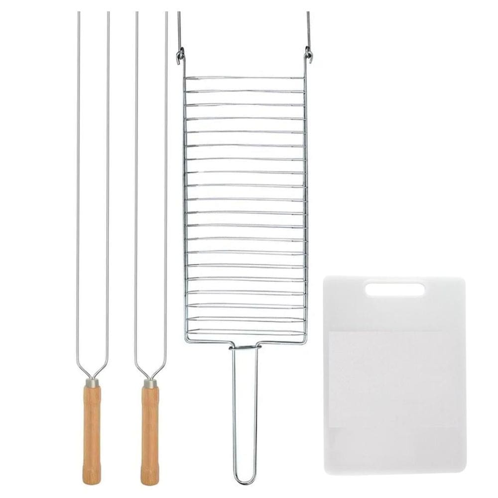 Kit Preparo Churrasco 4Pcs Churrasqueira Grelha Espeto 55Cm