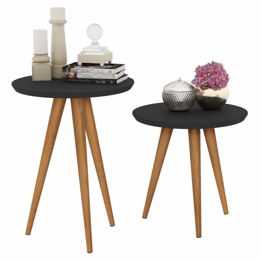 Jogo 2 Mesas Retrô Pés Palito, Lateral E Apoio Havana Preto