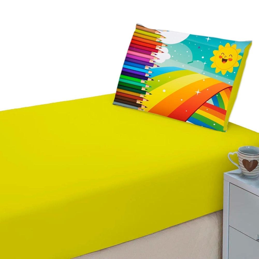 Lençol Liso Elásticado + Fronha Estampada Decorativa