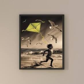 Quadro Praia - Menino Com Pipa 33X24Cm - Com Vidro