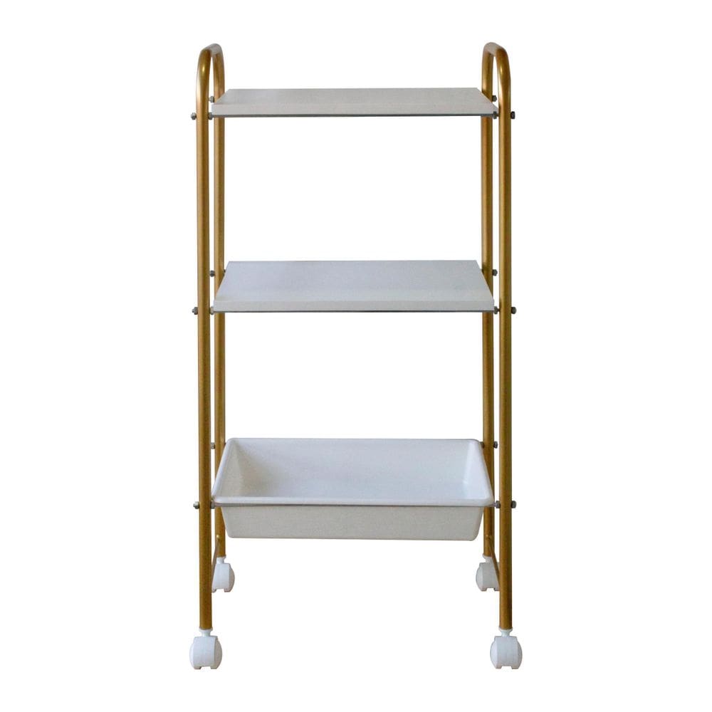 Carrinho Auxiliar Estetica 2 Tampos E 1 Bandeja Dourado