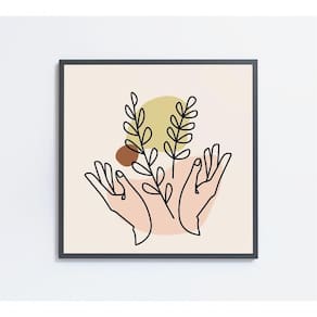 Quadro Feminino Silhueta Mãos Ramos Artística Contínua Medidas 60x60 Cm Impressão Adesivo Fotográfico
