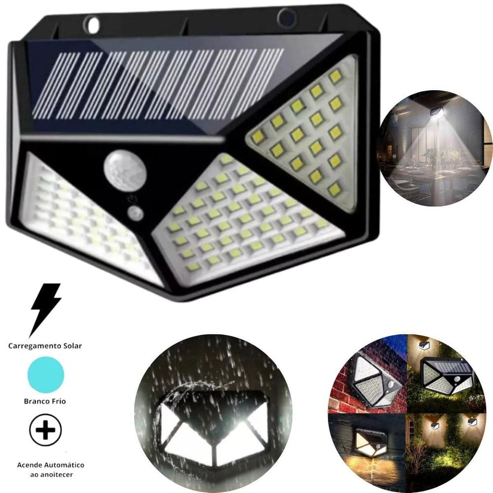 Luminária Solar Luz 100 Led Sensor Jardim Prova D`Água Cor