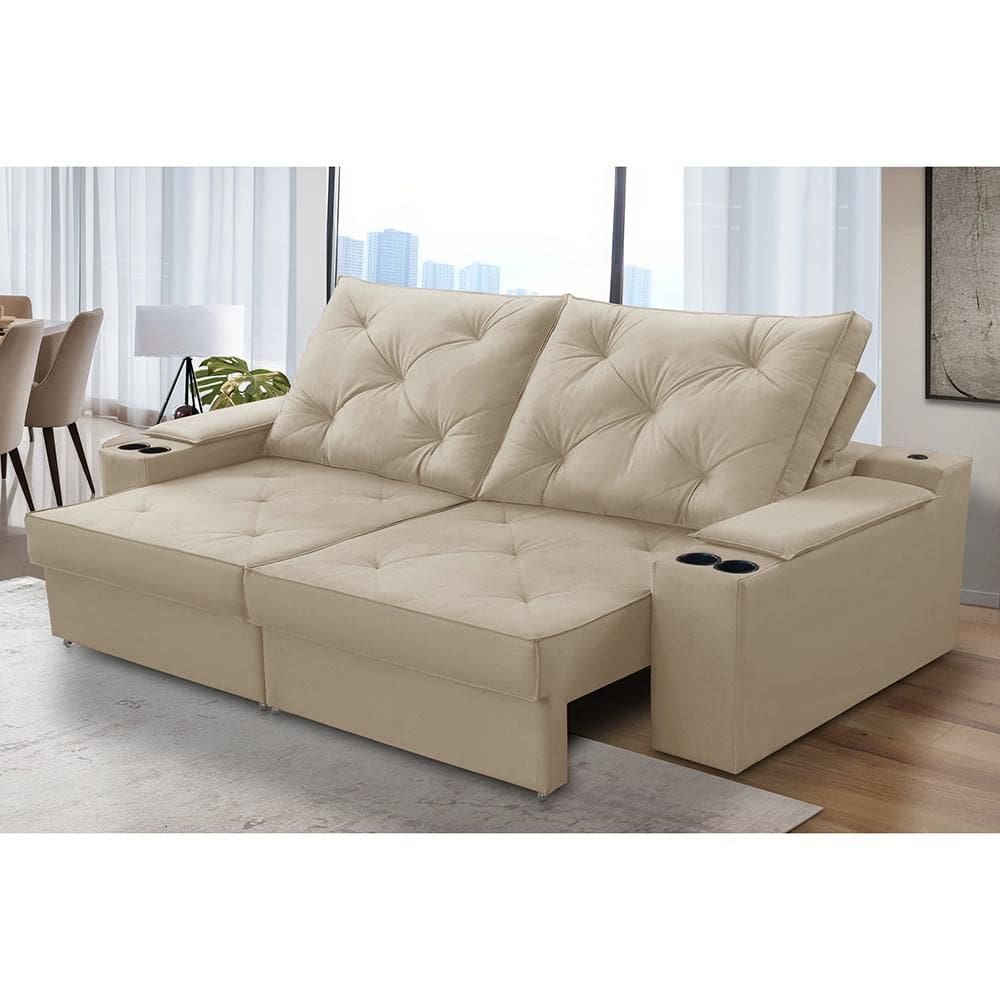 Sofá Retrátil Reclinável 3 lugares 2,00m com Porta Copos e USB Helena Suede Bege Adonai Estofados