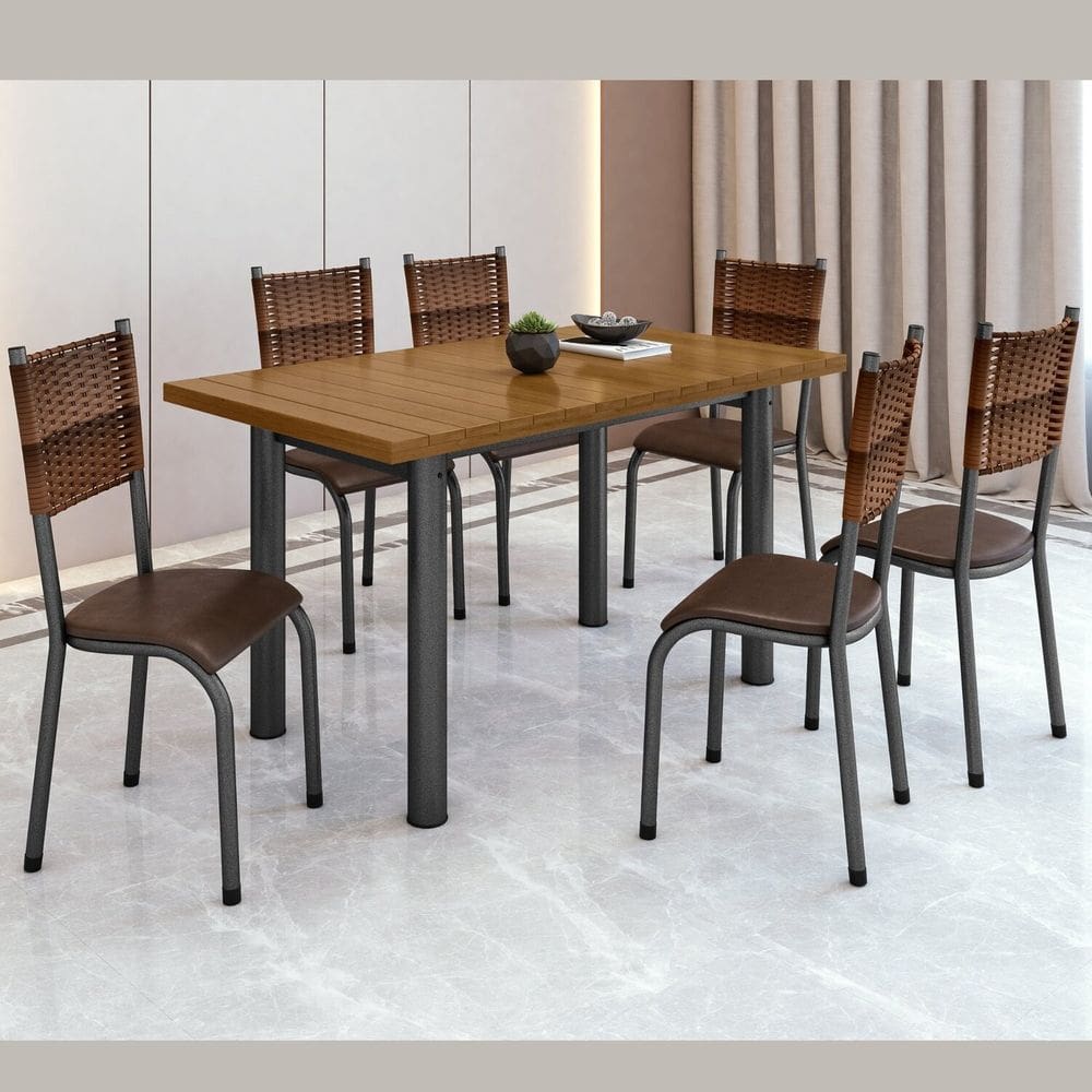 Conjunto Sala de Jantar 6 Cadeiras Mesa 140x75cm Tampo Madeira Maciça Ripado Mariana Martelado Prata/Marrom