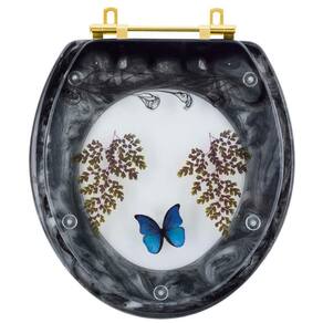 Assento Sanitário Poliester Oval Preto Decorado Borboleta Azul Com Ferragem Dourada