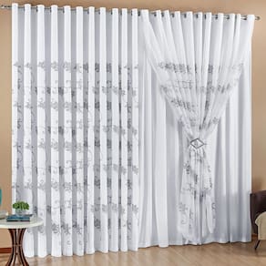 Cortina Luz Voil Bordado 3,00X2,80 Sala Quarto Branco/Prata