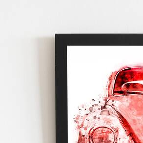 Fusca Aquarela Vermelho Carro Quadro Moldura Preta 60X40Cm