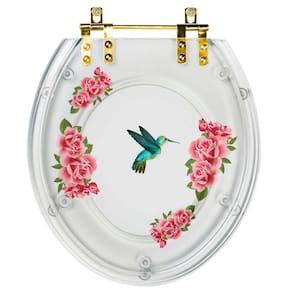 Assento Sanitário Poliester Decorada Convencional Transparente Beija Flor Com Ferragem Dourada