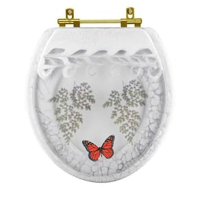 Assento Sanitário Poliester Decorado Oval Convencional Avenca com Borboleta Vermelha Com Ferragem Dourada