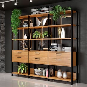 Kit 3 Estantes com Gaveteiro 73x185cm Freijó Preto Fosco Pradel