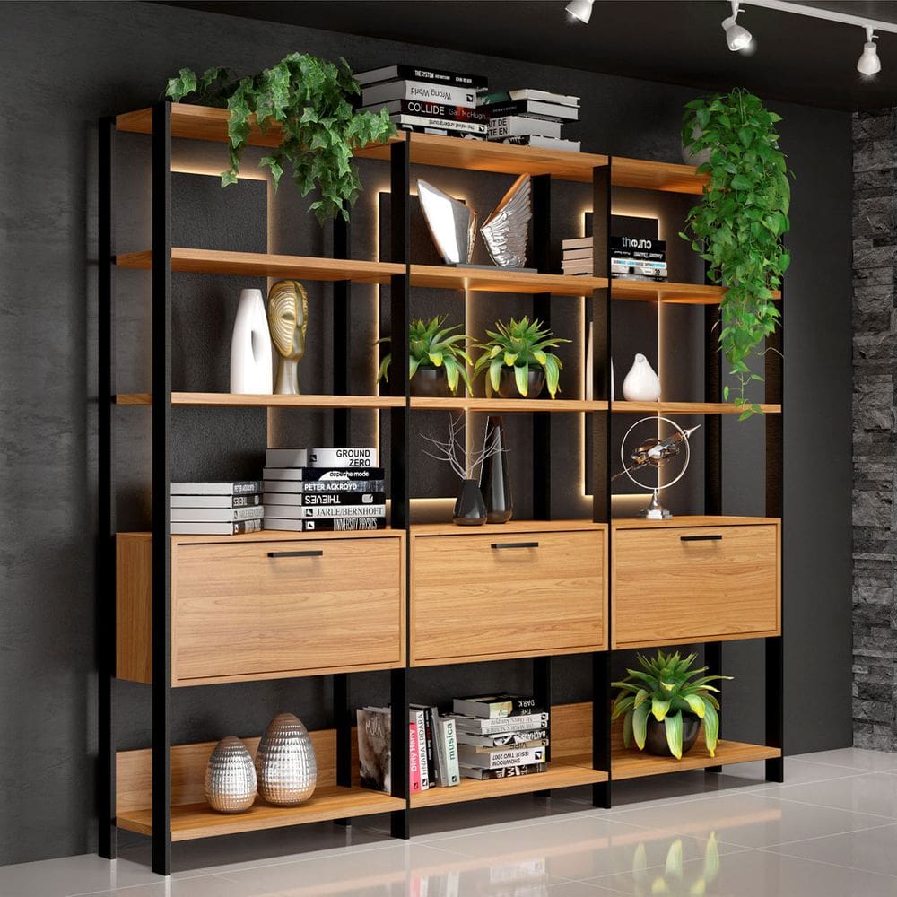 Conjunto 3 Estantes com Porta Basculante 73x185cm Freijó Preto Fosco Pradel