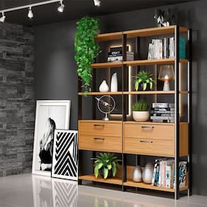 Conjunto 2 Estantes com Gaveteiro 73x185cm Freijó Preto Fosco Pradel