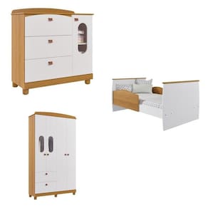 Quarto de Bebê Berço, Cômoda 4 Gavetas 1 Porta, Guarda-roupa 4 Pts 2 Gavetas Happy Espresso Móveis Marrom/Branco