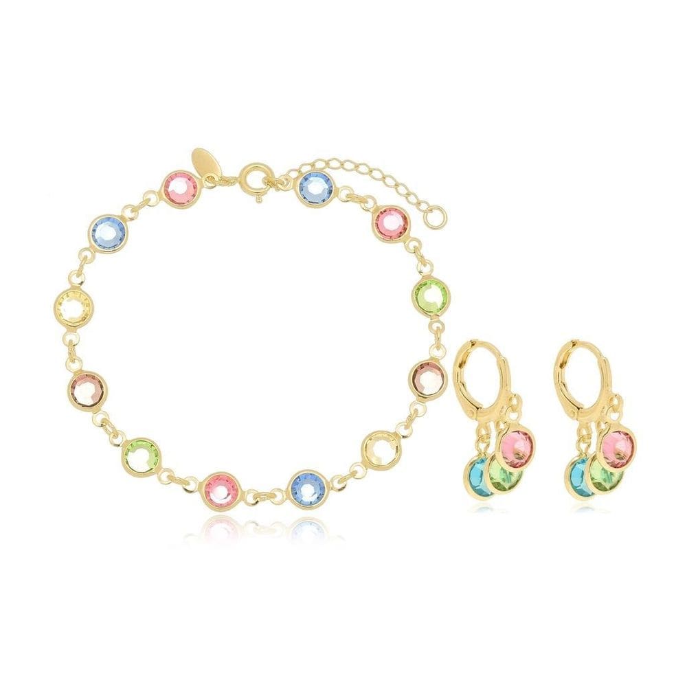 Pulseira E Brinco Color Banhado A Ouro 18K