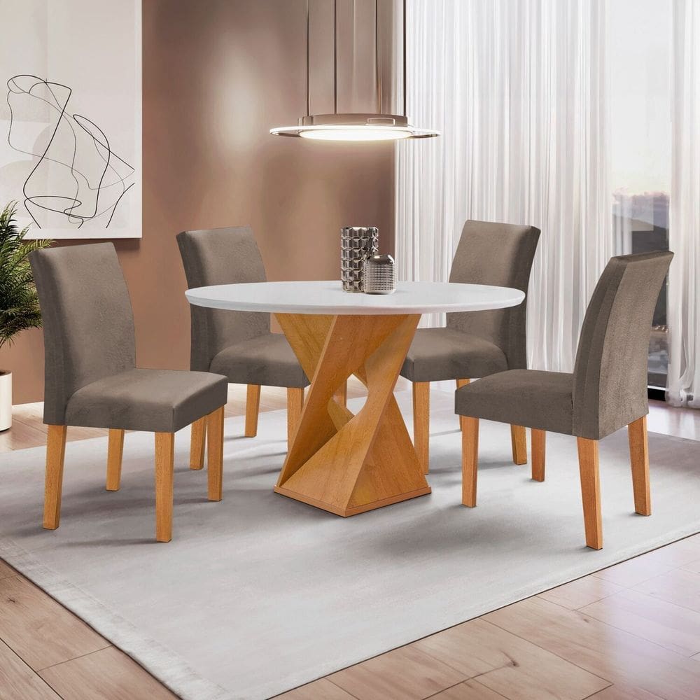 Conjunto Mesa Barcelona 100cmx100cm 4 Cadeiras Espanha Tampo Slim Plus Redondo Yescasa Cinamomo/Off White/Bege Escuro
