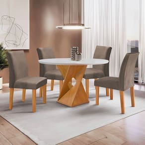 Conjunto Mesa Barcelona 100cmx100cm 4 Cadeiras Espanha Tampo Slim Plus Redondo Yescasa Cinamomo/Off White/Bege Escuro