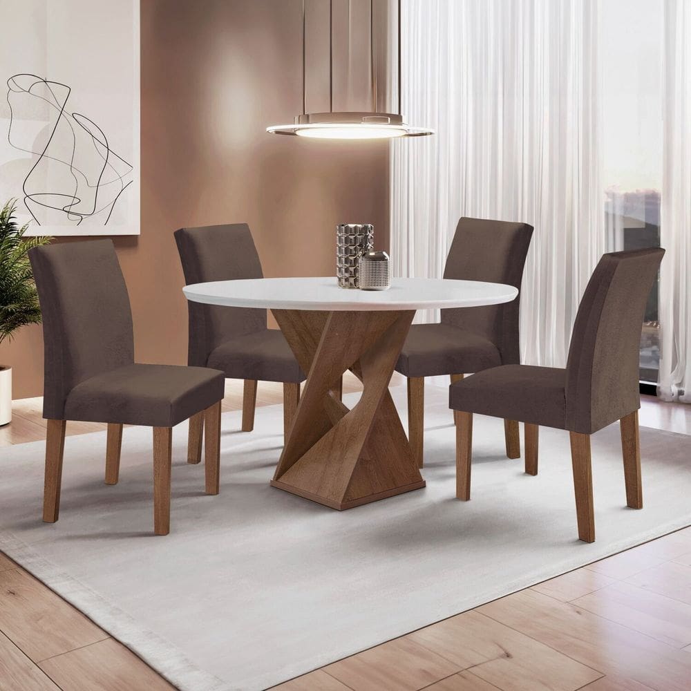Conjunto Mesa Barcelona 100cmx100cm 4 Cadeiras Espanha Tampo Slim Plus Redondo Yescasa Chocolate/Off White/Marrom