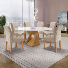 Conjunto Mesa Barcelona 120cmx120cm 6 Cadeiras Espanha Tampo Plus Redondo Vidro Yescasa Cinamomo/Off White/Bege Claro