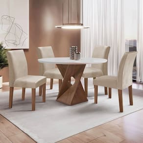 Conjunto Mesa Barcelona 100cmx100cm 4 Cadeiras Espanha Tampo Slim Plus Redondo Yescasa Chocolate/Off White/Bege Claro