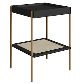 Mesa Lateral de Apoio Oslo Artesano 43 cm (largura) MDP Nero Palha Sintética Bege Pé Metal Dourado