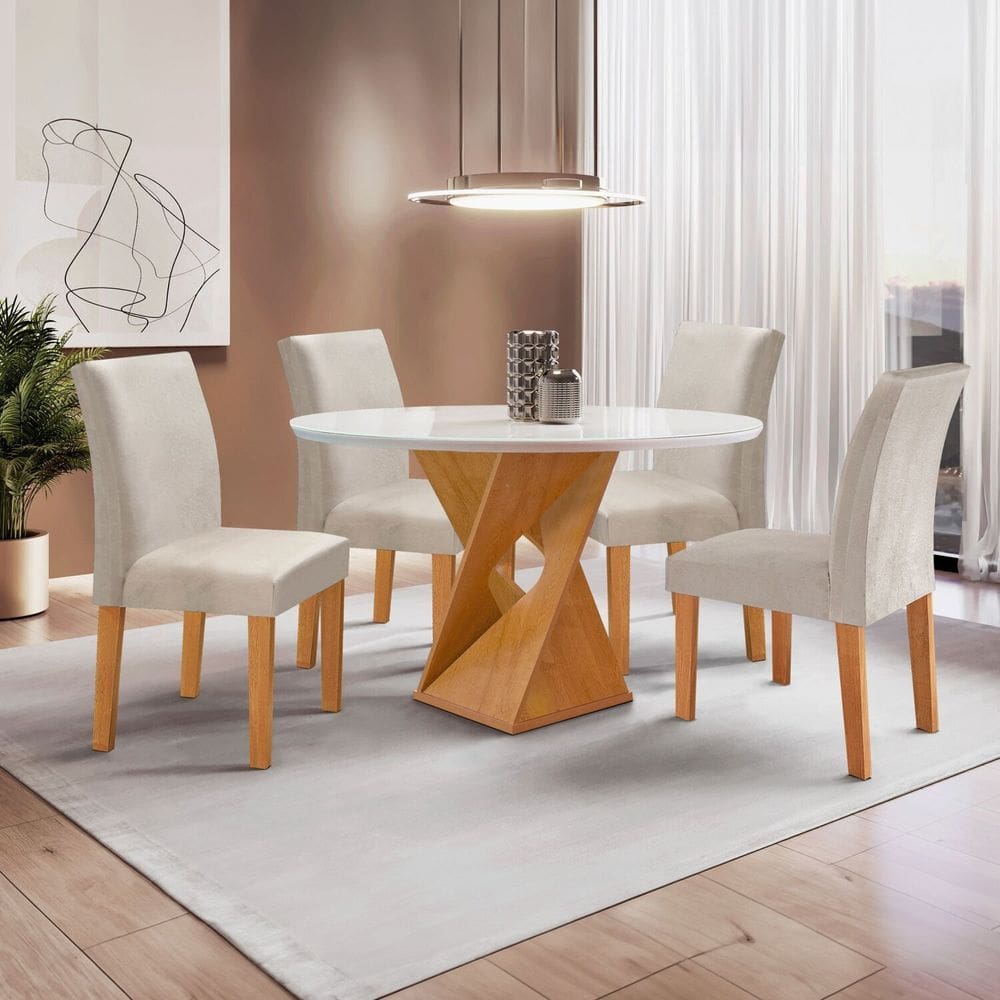 Conjunto Mesa Barcelona 100cmx100cm 4 Cadeiras Espanha Tampo Slim Plus Redondo Vidro Yescasa Cinamomo/Off White/Gelo
