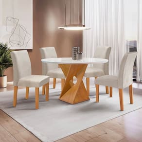 Conjunto Mesa Barcelona 100cmx100cm 4 Cadeiras Espanha Tampo Slim Plus Redondo Vidro Yescasa Cinamomo/Off White/Gelo