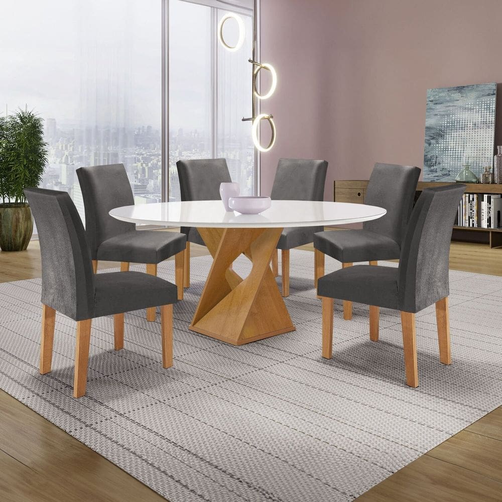 Conjunto Mesa Barcelona 120cmx120cm 6 Cadeiras Espanha Tampo Plus Redondo Vidro Yescasa Cinamomo/Off White/Cinza