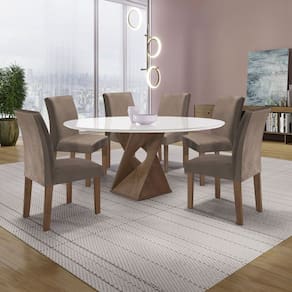 Conjunto Mesa Barcelona 120cmx120cm 6 Cadeiras Espanha Tampo Plus Redondo Vidro Yescasa Chocolate/Off White/Bege Escuro
