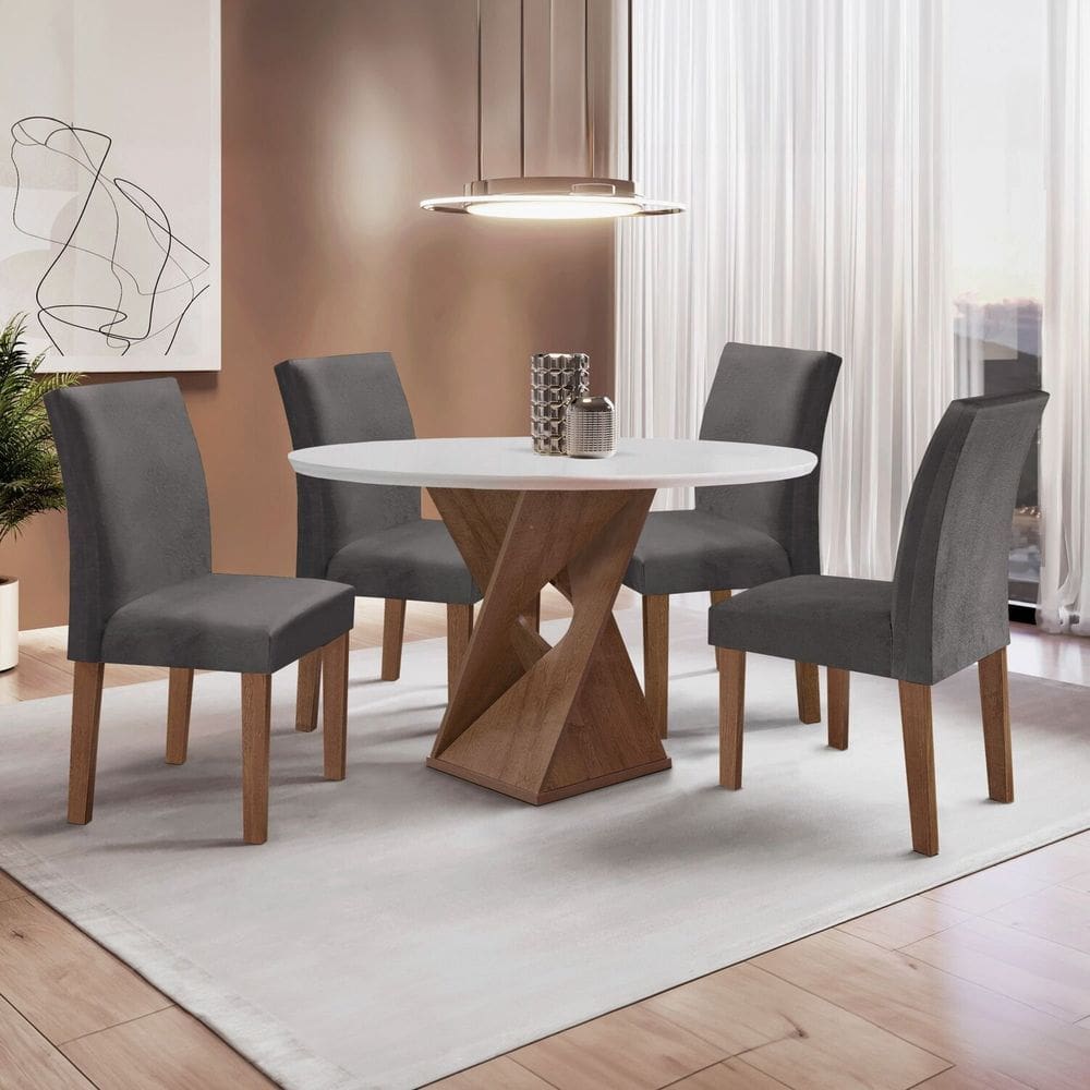 Conjunto Mesa Barcelona 100cmx100cm 4 Cadeiras Espanha Tampo Slim Plus Redondo Yescasa Chocolate/Off White/Cinza