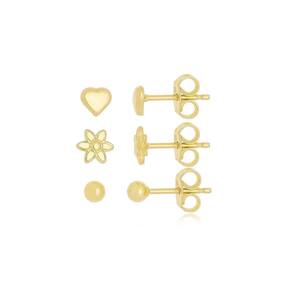 Brinco Trio Margarida, Coração E Bolinha Banhado A Ouro 18K