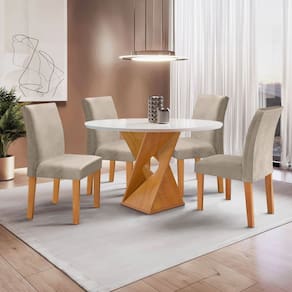 Conjunto Mesa Barcelona 100cmx100cm 4 Cadeiras Espanha Tampo Slim Plus Redondo Vidro Yescasa Cinamomo/Off White/Bege