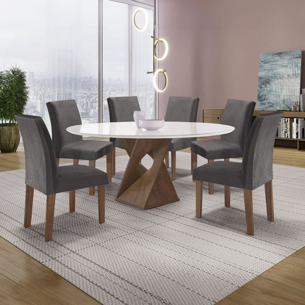 Conjunto Mesa Barcelona 120cmx120cm 6 Cadeiras Espanha Tampo Plus Redondo Vidro Yescasa Chocolate/Off White/Cinza