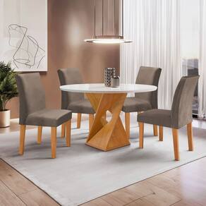 Conjunto Mesa Barcelona 100cmx100cm 4 Cadeiras Espanha Tampo Slim Plus Redondo Vidro Yescasa Cinamomo/Off White/Bege