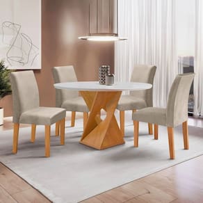 Conjunto Mesa Barcelona 100cmx100cm 4 Cadeiras Espanha Tampo Slim Plus Redondo Yescasa Cinamomo/Off White/Bege