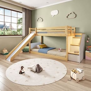 Beliche Infantil Montessori com Escada Lateral Garden Led Grade Proteção I e Escorregador Casatema Branco/Natural