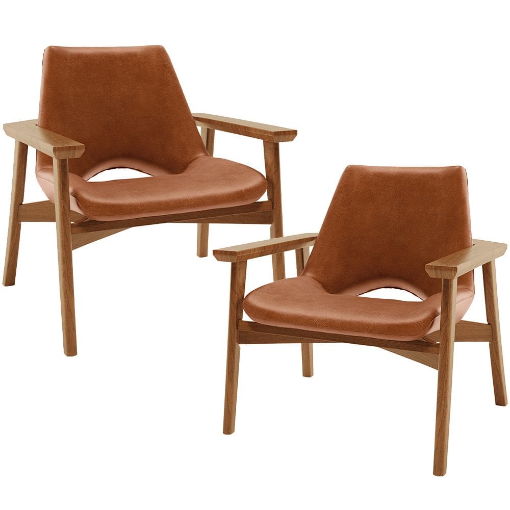 Kit 02 Poltronas Decorativa Para Sala de Estar Living Base Madeira Becker L02 Couríssimo Camel - Lyam Decor