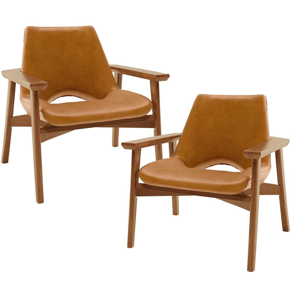 Kit 02 Poltronas Decorativa Para Sala de Estar Living Base Madeira Becker L02 Couríssimo Canela - Lyam Decor