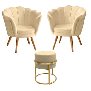 Conjunto 2 Poltronas Pétala + 1 Puff Base Ferro Decorativas