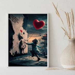Quadro Arte Menina Balão Coração 24X18Cm - Com Vidro