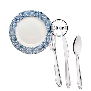 Kit 12 Pratos Decorado Raso Melamina Garfo Faca Colher Inox