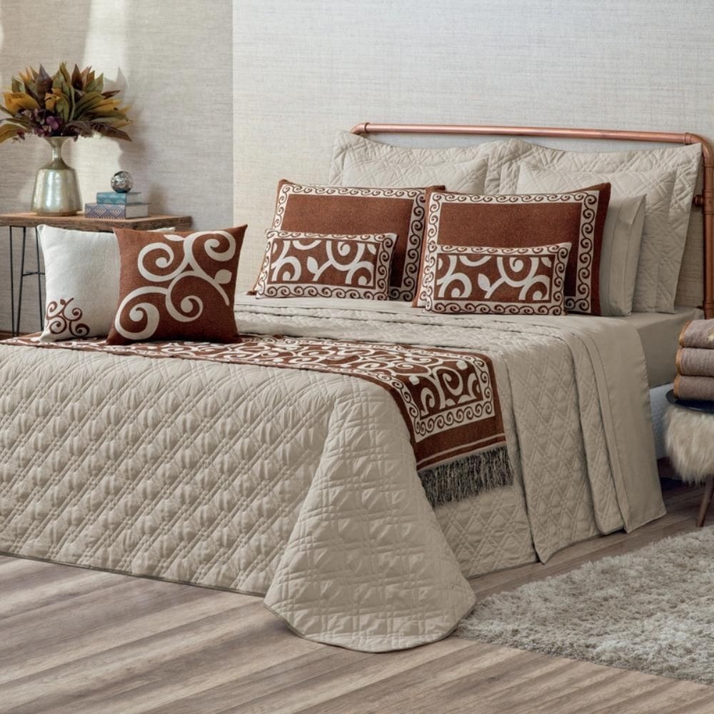 Kit Cobre Leito Casal King Turin 14 Peças Completo Caqui