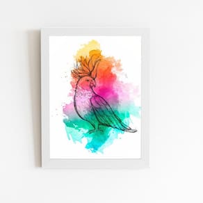 Calopsita Aquarela Pássaro Ave Quadro Moldura Branca 60X40Cm