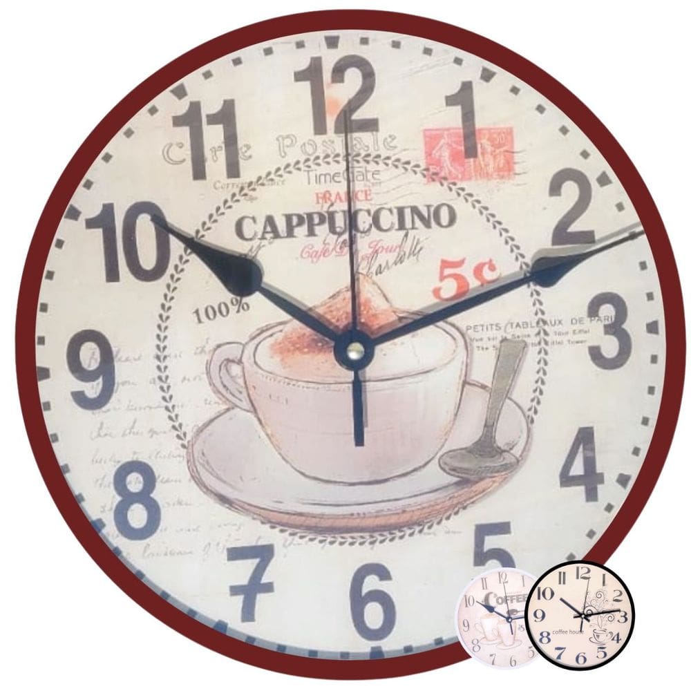 Relógio de Parede Wincy Decorativo Silencioso Cozinha Redondo Analógico Preto Bordo Branco PDA01015
