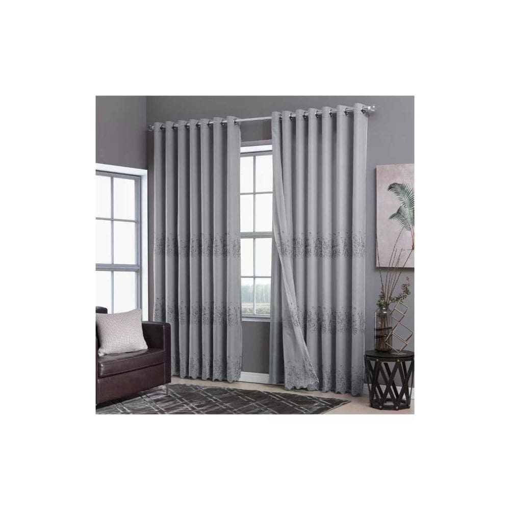 Cortina Donna Mc 400x260 cm Paloma Voil Bordado Com Forro Floral Grafite