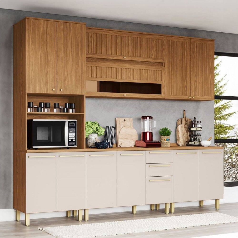 Cozinha Completa Requinte 15 Portas 2 Gavetas com Vidro Ripado Nature/Areia - Henn